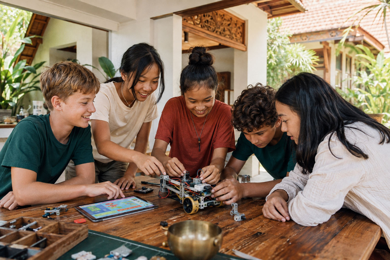 A diverse group of Foundry learners testing a robotics prototype together in an open-air Chiang Mai learning space