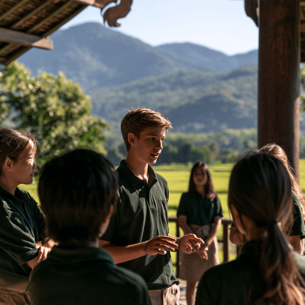 Young people discussing ideas together in a mountain-side learning pavilion